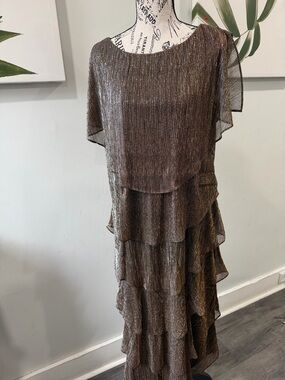 SLNY Bronze Metallic Tiered Ruffle Maxi Dress